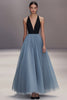 Load image into Gallery viewer, Black Blue Tulle Deep V-Neck A Line Long Formal Dress