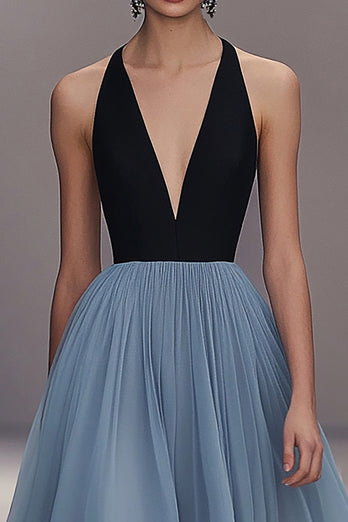 Black Blue Tulle Deep V-Neck A Line Long Formal Dress