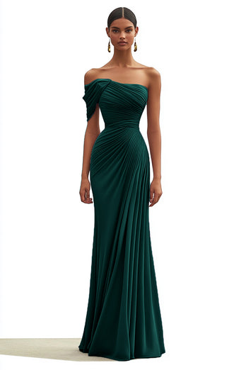 Dark Green Chiffon One Shoulder Long Formal Dress with Full Pleated