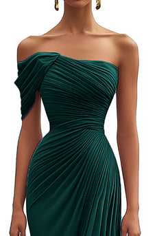 Dark Green Chiffon One Shoulder Long Formal Dress with Full Pleated