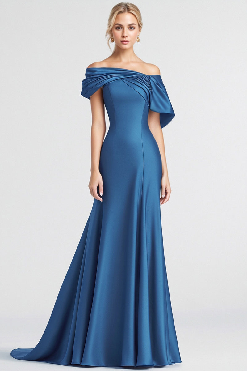 Load image into Gallery viewer, Blue Satin Off the Shoulder Long Formal Dress