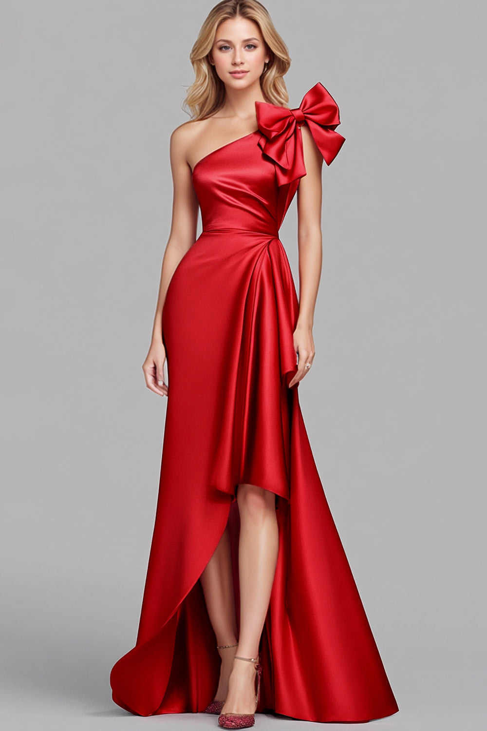 Red Asymmetrical One Shoulder Long Formal Dress with Bowknot