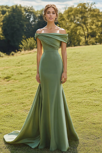 Sage Mermaid Off the Shoulder Satin Long Formal Dress