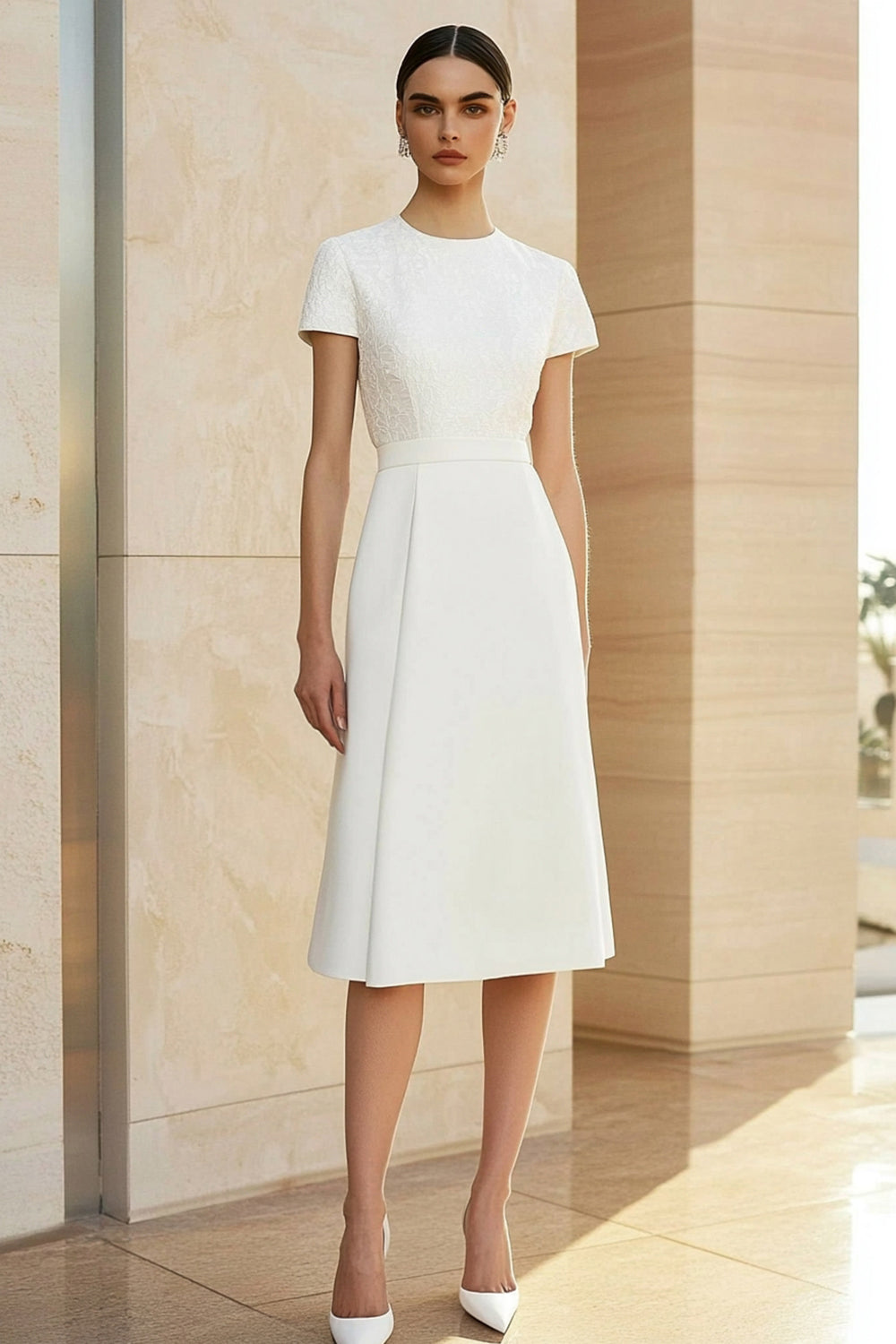 White Round Neck Satin Midi Formal Dress with Short Sleeves