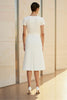 Load image into Gallery viewer, White Round Neck Satin Midi Formal Dress with Short Sleeves