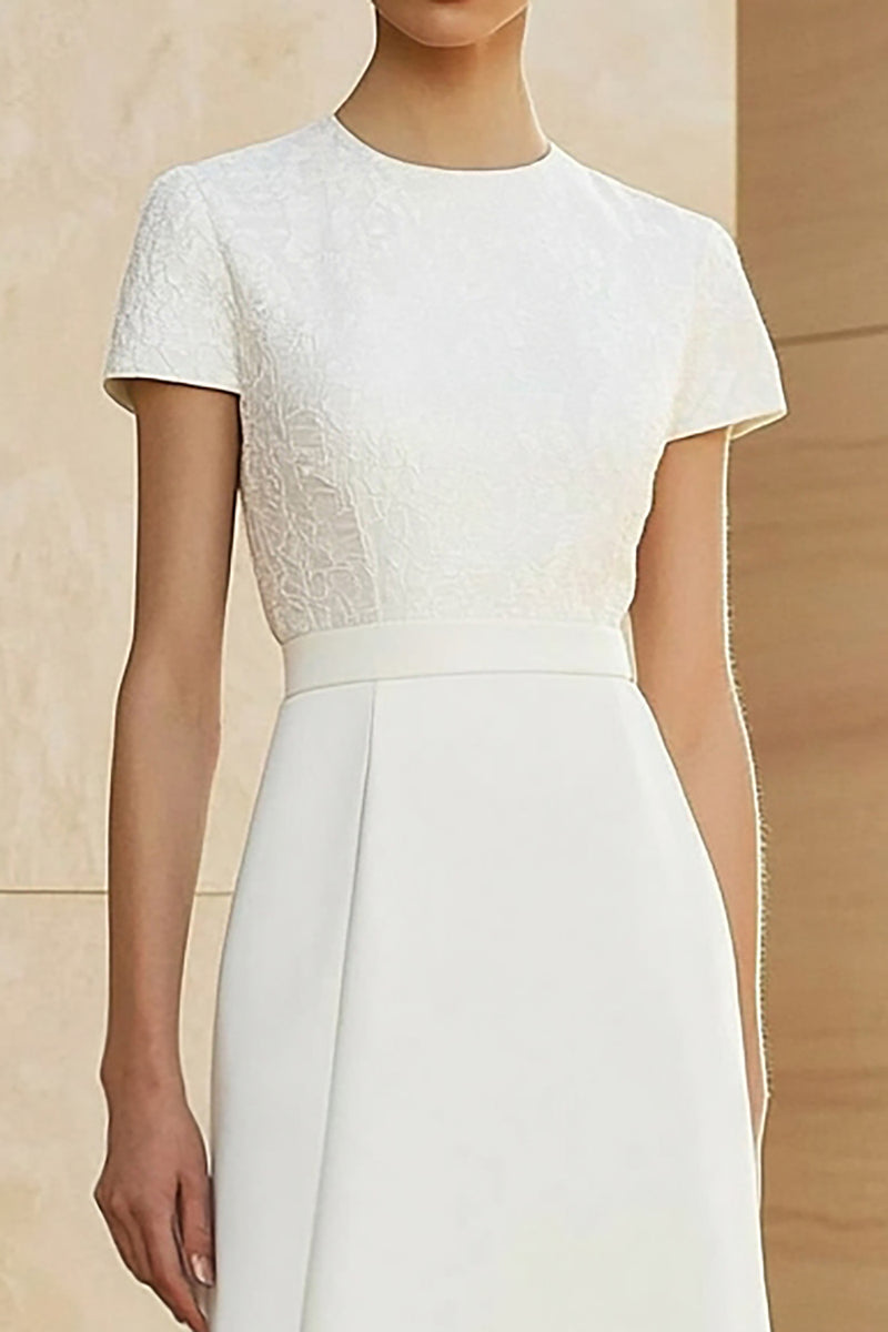 Load image into Gallery viewer, White Round Neck Satin Midi Formal Dress with Short Sleeves