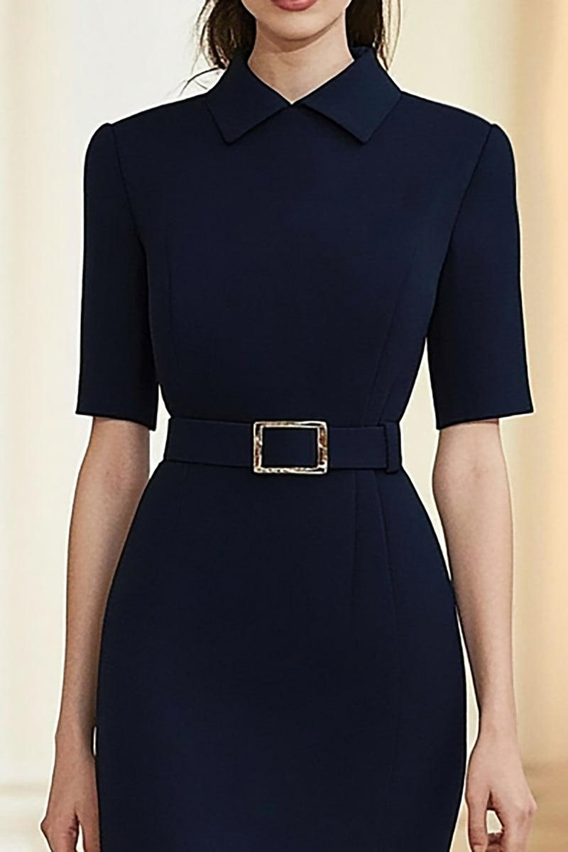 Load image into Gallery viewer, Navy Collar Neck Sheath Tea Length Formal Dress