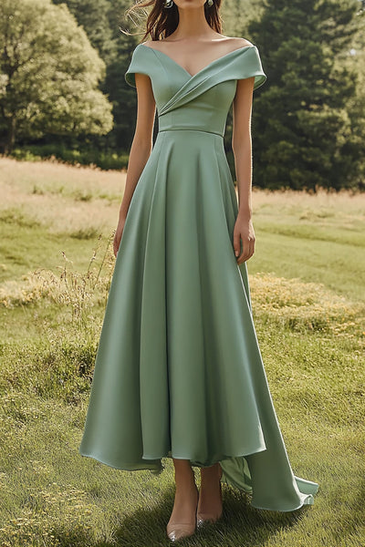 Sage Off the Shoulder A Line Satin Long Formal Dress