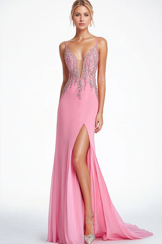 Sparkly Pink Spaghetti Straps Corset Long Formal Dress with Slit