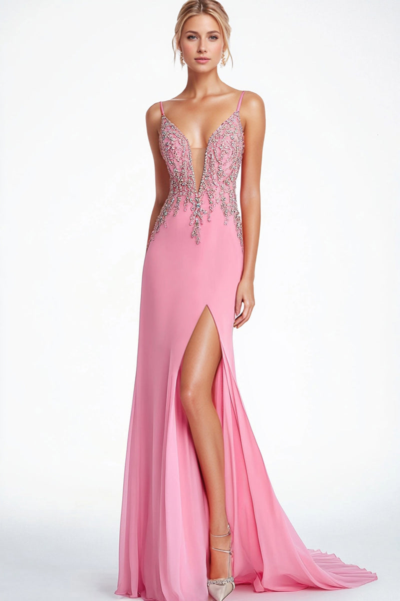 Load image into Gallery viewer, Sparkly Pink Spaghetti Straps Corset Long Formal Dress with Slit