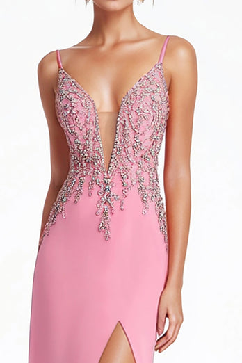 Sparkly Pink Spaghetti Straps Corset Long Formal Dress with Slit