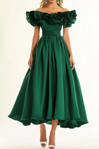 Dark Green A Line Off the Shoulder Long Formal Dress with Ruffles