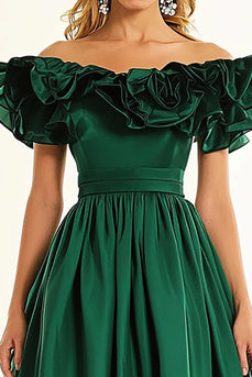 Dark Green A Line Off the Shoulder Long Formal Dress with Ruffles