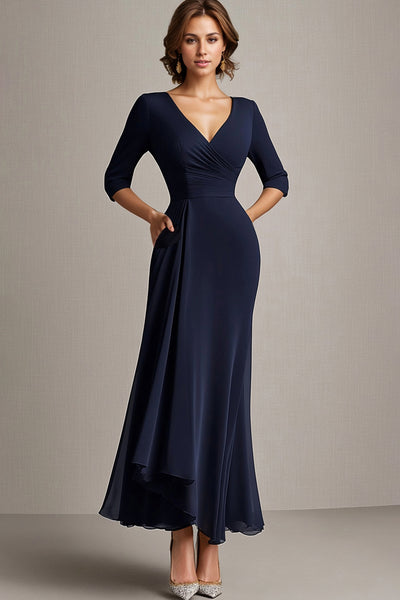 Chiffon Navy V-Neck 1/2 Sleeves Long Mother of the Bride Dress