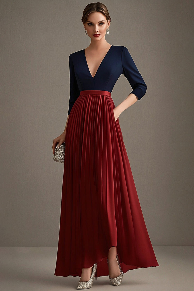 Load image into Gallery viewer, Navy Red V-Neck Pleated 3/4 Sleeves Mother of the Bride Dress