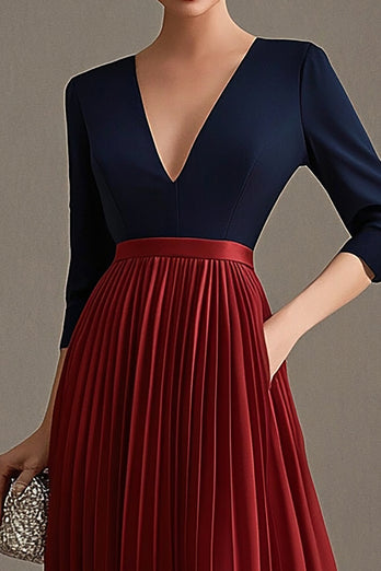 Navy Red V-Neck Pleated 3/4 Sleeves Mother of the Bride Dress