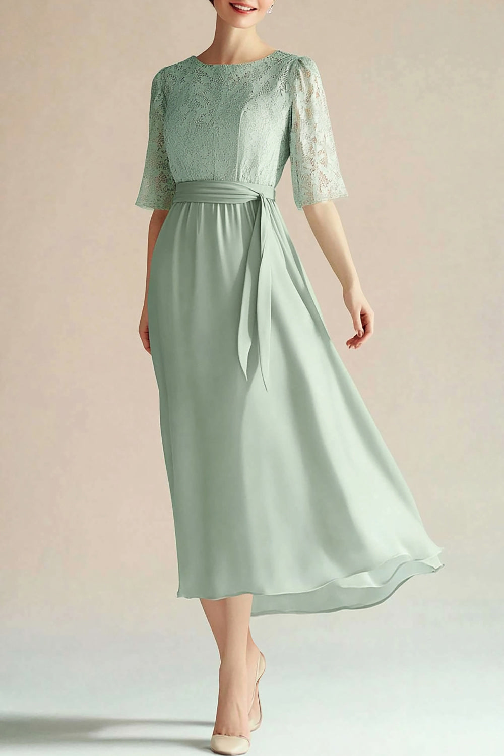 Light Green Lace Tea Length Boat Neck Mother of the Bride Dress