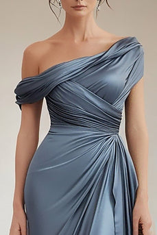 Grey Blue Asymmetrical Satin Ruched Mother of the Bride Dress