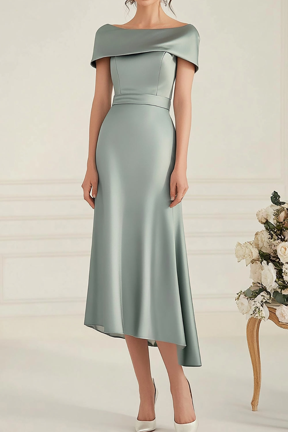 Grey Boat Neck Satin Asymmetical Mother of the Bride Dress