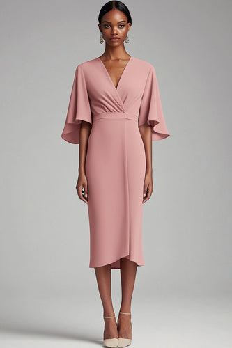 Pink Chiffon V-Neck Tea Length Mother of the Bride Dress