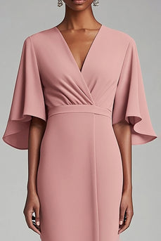 Pink Chiffon V-Neck Tea Length Mother of the Bride Dress