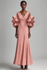 Load image into Gallery viewer, Pink Satin V-Neck Mother of the Bride Dress with Ruffled Sleves