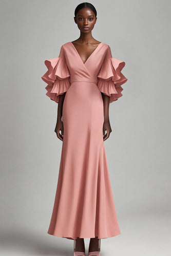 Pink Satin V-Neck Mother of the Bride Dress with Ruffled Sleves