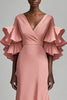 Load image into Gallery viewer, Pink Satin V-Neck Mother of the Bride Dress with Ruffled Sleves