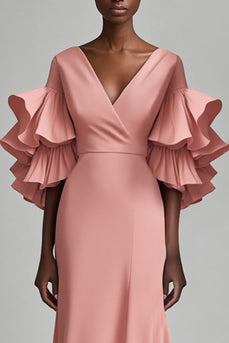 Pink Satin V-Neck Mother of the Bride Dress with Ruffled Sleves