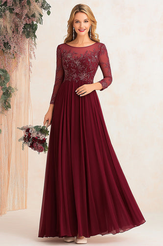 Glitter Burgundy A Line Chiffon Mother of the Bride Dress with Lace