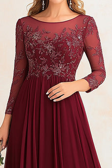 Glitter Burgundy A Line Chiffon Mother of the Bride Dress with Lace