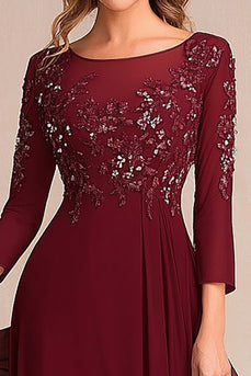 Burgundy Sparkly Scoop Neck Chiffon Mother of the Bride Dress