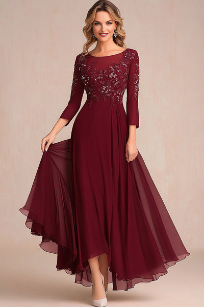 Burgundy Sparkly Scoop Neck Chiffon Mother of the Bride Dress