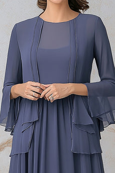 2 Piece Grey Blue Scoop Tea Length Mother of the Bride Dress