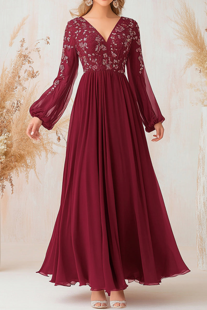 Load image into Gallery viewer, Burgundy V-Neck Chiffon Mother of the Bride Dress with Long Sleeves