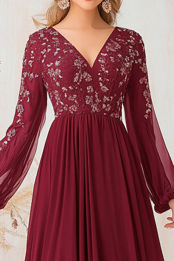 Burgundy V-Neck Chiffon Mother of the Bride Dress with Long Sleeves