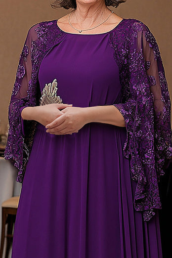 Purple Cap Mother of the Bride Dress with Lace Appliques