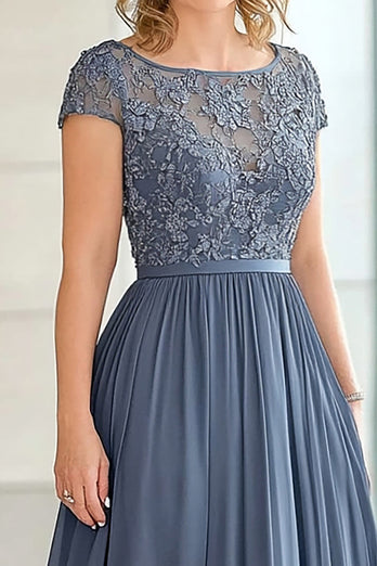 Grey Blue Lace A Line Mother of the Bride Dress with Short Sleeves