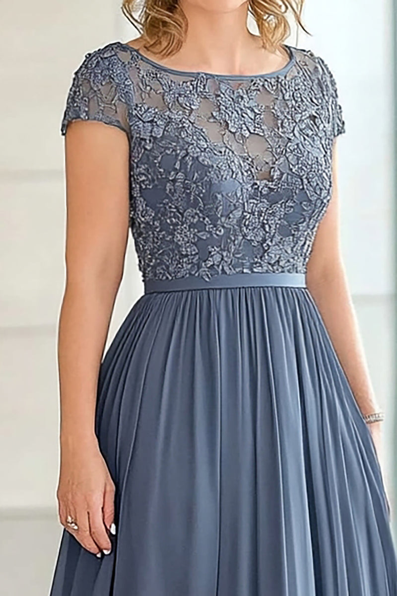 Load image into Gallery viewer, Grey Blue Lace A Line Mother of the Bride Dress with Short Sleeves