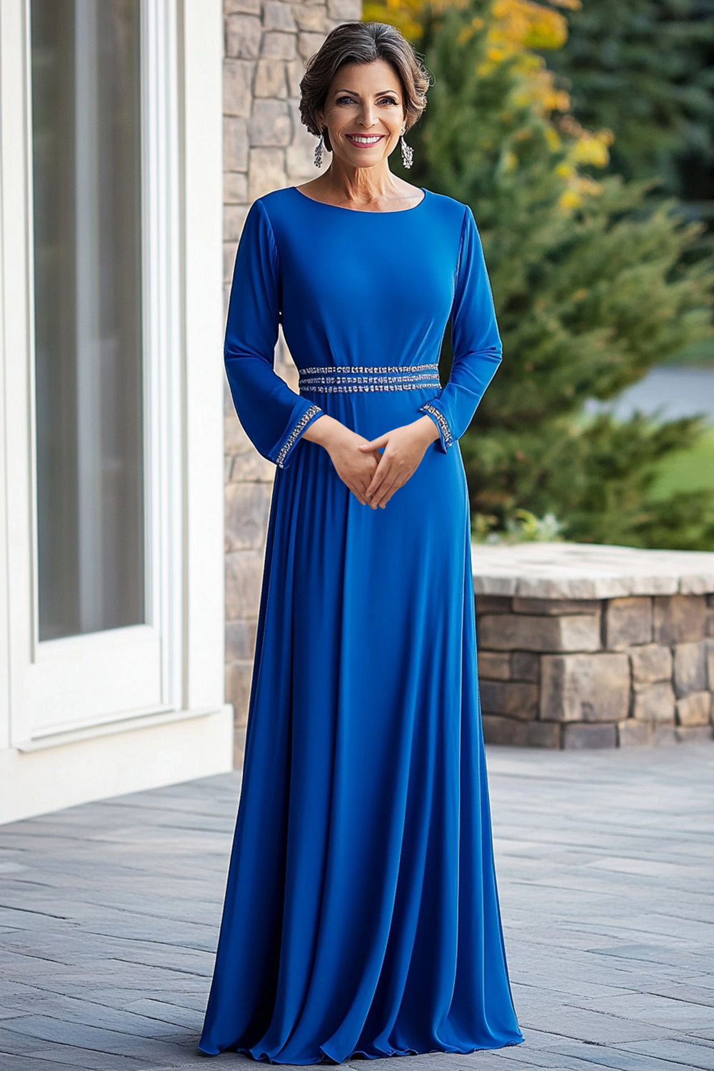 Glitter Royal Blue Satin Scoop Neck Mother of the Bride Dress