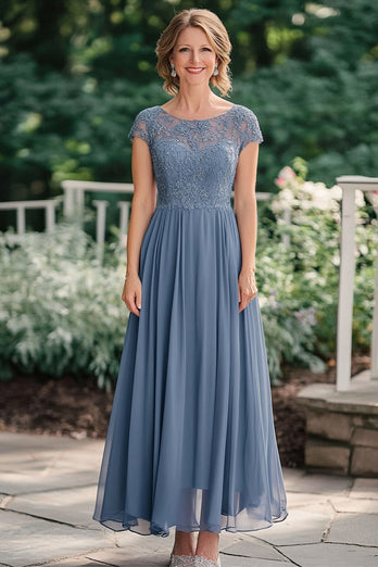 Grey Blue A Line Chiffon Mother of the Bride Dress with Lace