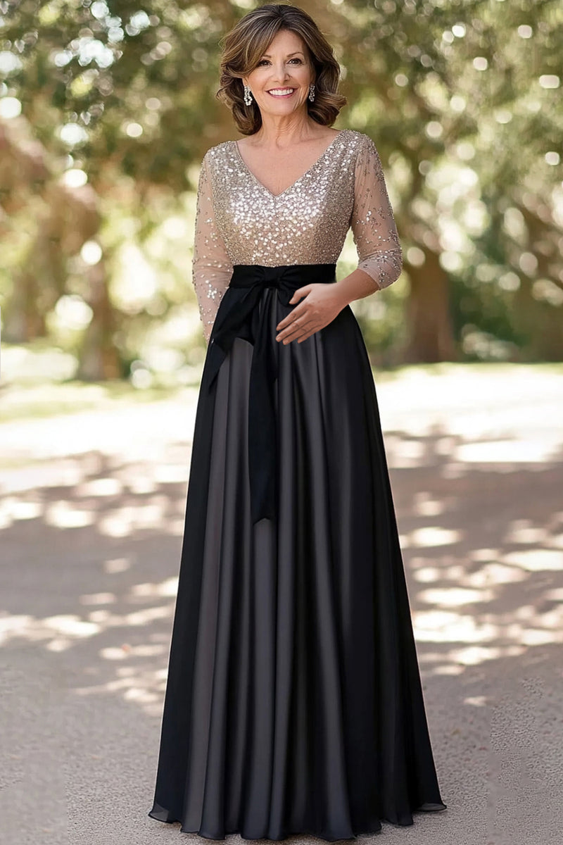 Load image into Gallery viewer, Sparkly Champagne Black A Line Mother of the Bride Dress