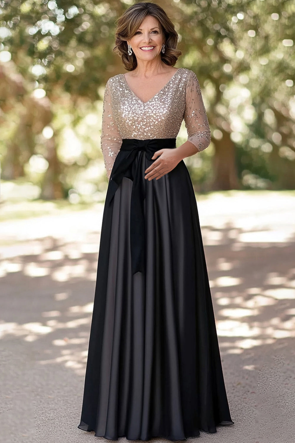 Sparkly Champagne Black A Line Mother of the Bride Dress