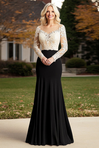 Champagne Black V-Neck Mother of the Bride Dress with Lace