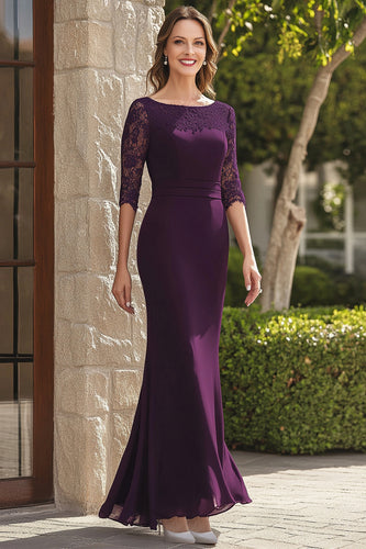 Sheath Lace Dark Purple 3/4 Sleeves Mother of the Bride Dress