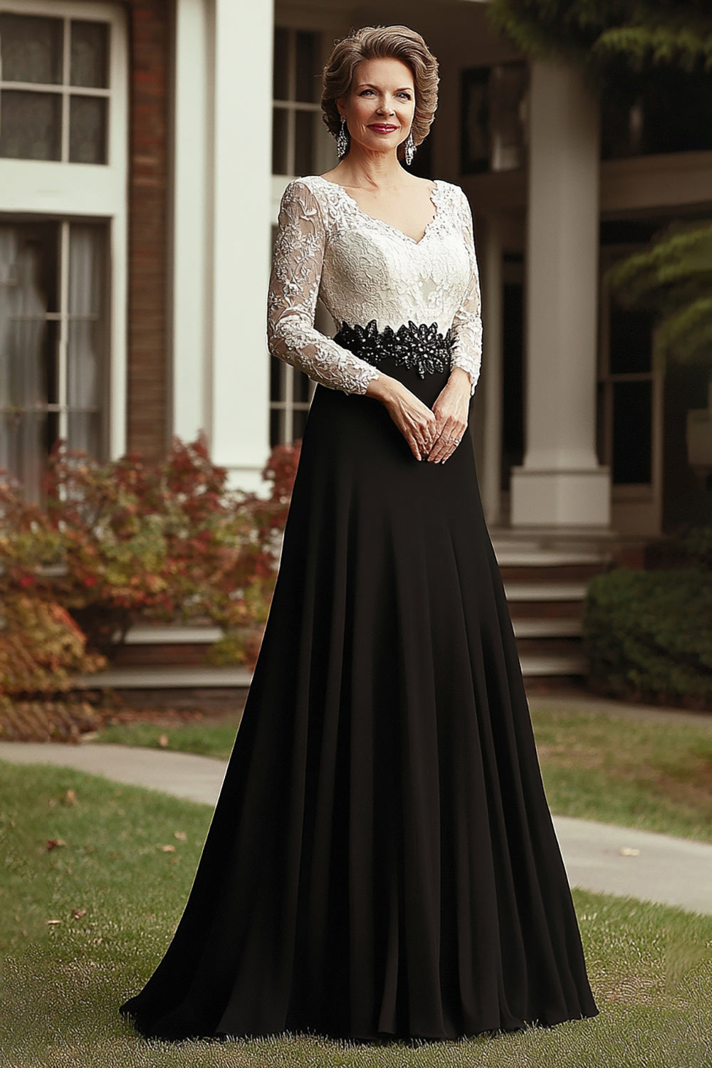 Elegant Champagne Black V-Neck Mother of the Bride Dress