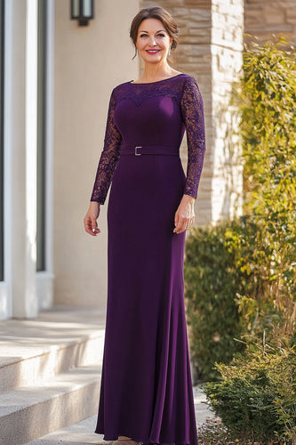 Dark Purple Sheath Mother of the Bride Dress with Lace Sleeves