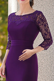 Dark Purple 3/4 Sleeves Lace Mother of the Bride Dress