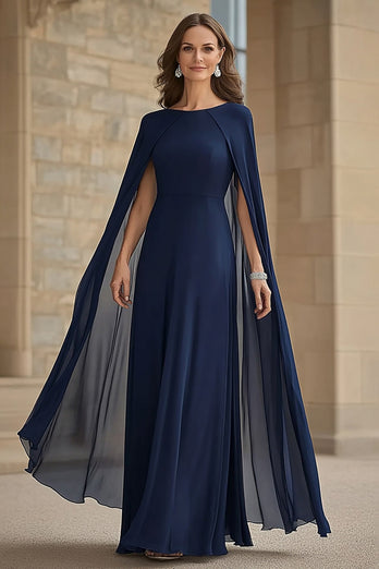 Navy Scoop Neck Chiffon Mother of the Bride Dress with Cape