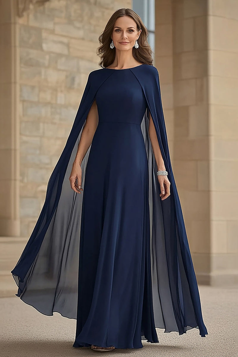 Load image into Gallery viewer, Navy Scoop Neck Chiffon Mother of the Bride Dress with Cape